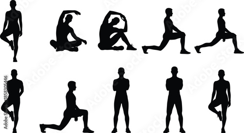 Male fitness silhouette poses set showing yoga stretching lunges balance exercises isolated on white background vector illustration for stock design