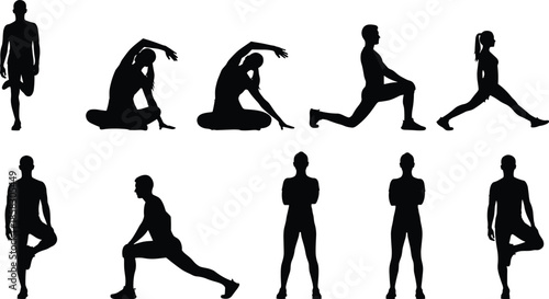 Male female fitness silhouette poses set showing yoga stretching lunges balance exercises isolated on white background vector illustration for stock