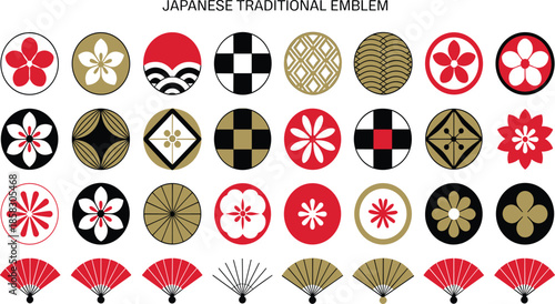 A Comprehensive Second Collection of Japanese Traditional Emblems Featuring Diverse Geometric Floral Motifs, Patterned Circular Crests, and Stylized Folding Fans in Red, Gold, and Black.