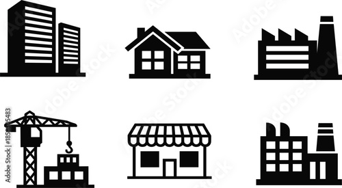 Urban building and industrial architecture icon set, skyscraper office, residential house, factory plant, construction crane and storefront symbols
