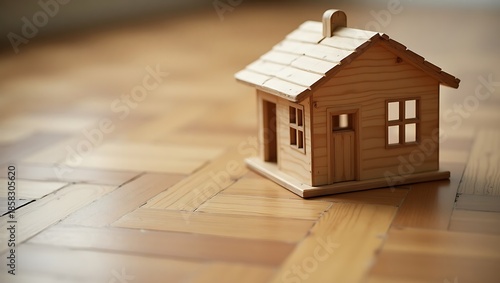 Wooden Toy House Resting on a Parquet Floor with Soft Lighting