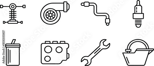 Car parts and mechanical repair line icon set, turbocharger, spark plug, shock absorber, wrench, and automotive maintenance symbols