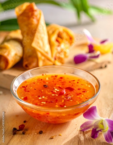 Sweet Chili Sauce with Spring Rolls on a Wooden Board.