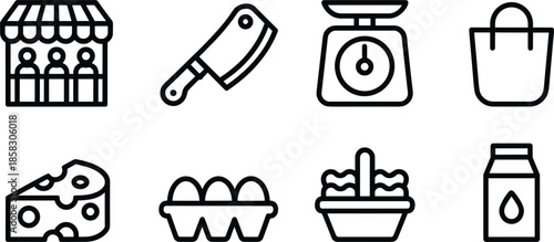 Grocery store and market line icon set, butcher knife, weighing scale, cheese, eggs, milk, and shopping basket symbols