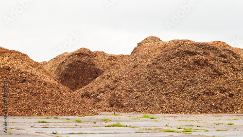 Foto Mountains of wood chips against a gray sky close-up