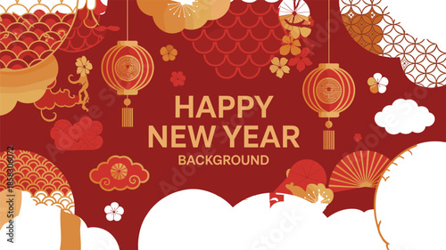 A Vibrant Japanese New Year Background Featuring Ornate Gold and Red Lanterns, Layered Seigaiha Waves, Stylized Clouds, and Traditional Floral Motifs on a Rich Crimson Field.