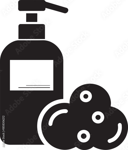 Black icon of a liquid soap dispenser bottle with foam bubbles