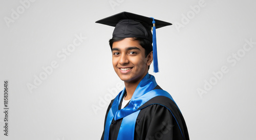A young Indian teenage male student wearing a black graduation gown and cap with a blue tassel smiling against a plain grey background. with copy space