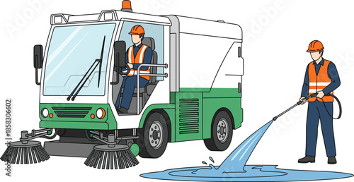 Professional Industrial Street Sweeper Truck and Sanitation Worker Using High Pressure Water Hose for Urban Cleaning Services Isolated on White Background