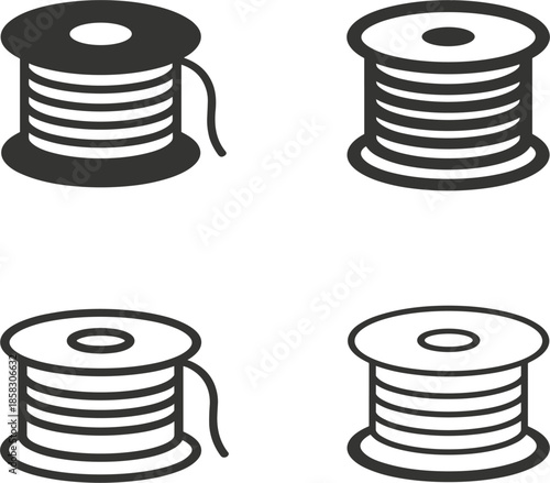 Thread spool vector icon set for sewing and tailoring, embroidery needlework symbols, textile industry and fashion design elements