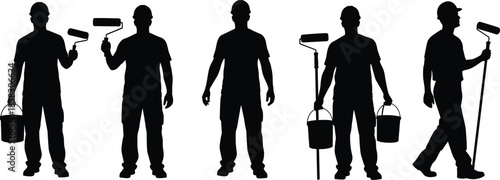 Detailed Collection of Professional House Painter Silhouettes Holding Paint Rollers and Buckets Wearing Safety Helmets for Home Renovation and Construction Projects