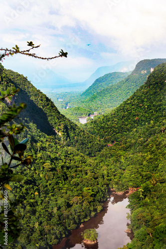 Potaro River Valley after Kayetur Waterfall on a clear sunny day in the middle of the jungle, Guyana. Subtropics, world tourism.