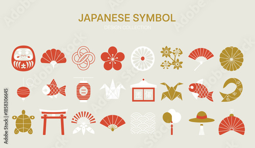 A Refined Collection of Minimalist Japanese Design Icons Featuring Traditional Daruma Dolls, Origami Cranes, Torii Gates, Sea Bream, and Stylized Floral Motifs.