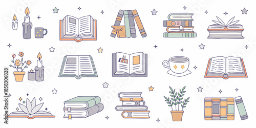 An assortment of open books coffee candles and plants in a whimsical style