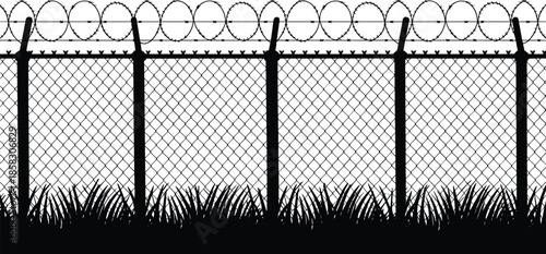 Barbed wire chain link fence silhouette illustration security perimeter boundary protection prison military restricted zone black isolated design