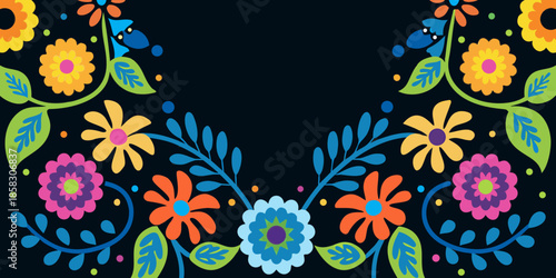 Colorful floral pattern with stylized blossoms and lush green foliage