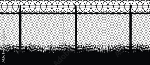 Barbed wire security fence silhouette illustration chain link perimeter protection boundary prison military black isolated design background
