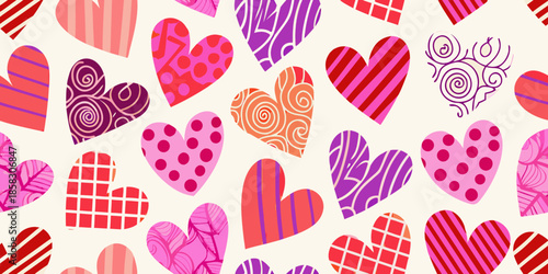 A vibrant repeating pattern of colorful hearts fills the entire image