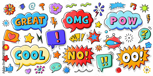 Colorful collection of comic speech bubbles and expressive icons in a playful design