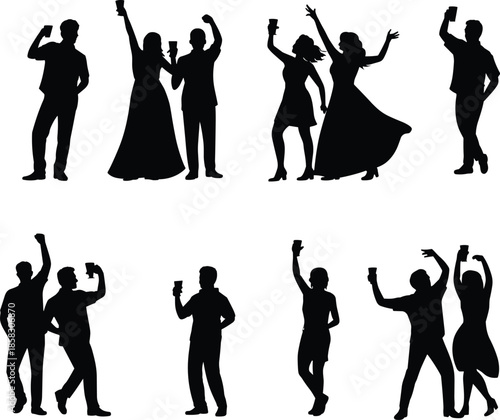 Celebration people dancing with drinks silhouette illustration party nightlife friends alcohol toast black isolated design collection