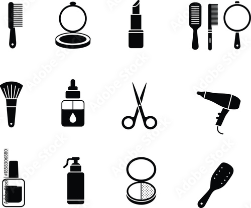 Beauty and makeup tool silhouette set, cosmetic salon equipment icons, hair styling accessories collection, black symbols isolated on white