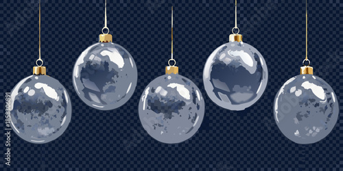 A collection of silver christmas ornaments hanging from golden fixtures