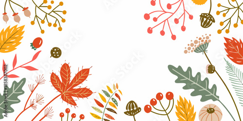 An autumnal arrangement of illustrated leaves berries and botanical elements