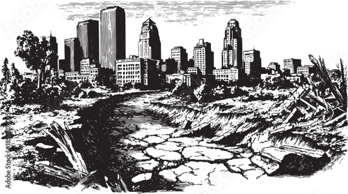 Urban city landscape with buildings and a cracked riverbed. Black and white vector illustration highlights architecture and environmental details in a vintage style.