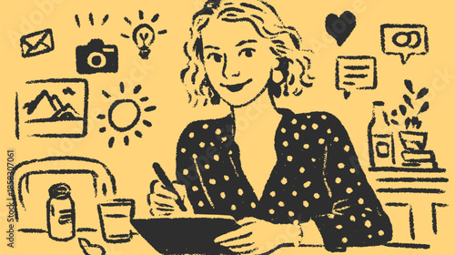 Digital illustration of a woman at a table engaged in creative work. The colorful vector artwork features doodles and a simple, flat style.