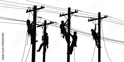 Electric line worker silhouette team, utility pole maintenance scene, power distribution technicians working at height, black figures isolated white