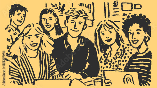 Group of people in a colorful vector illustration. Modern flat design artwork depicting collaboration and youth in a professional setting.