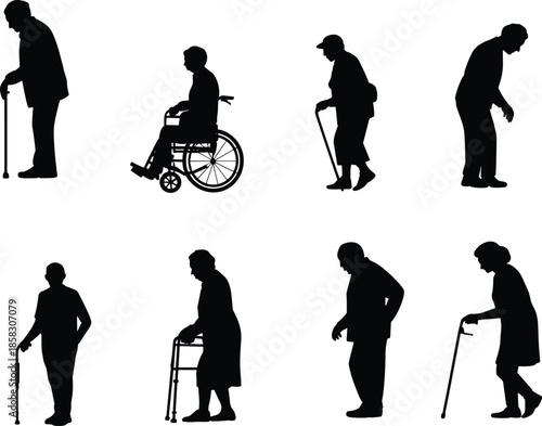 Elderly people silhouette illustration set seniors walking wheelchair cane aging healthcare support black isolated design collection