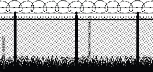 High security barbed wire chain link fence silhouette illustration perimeter protection prison military restricted zone black isolated design