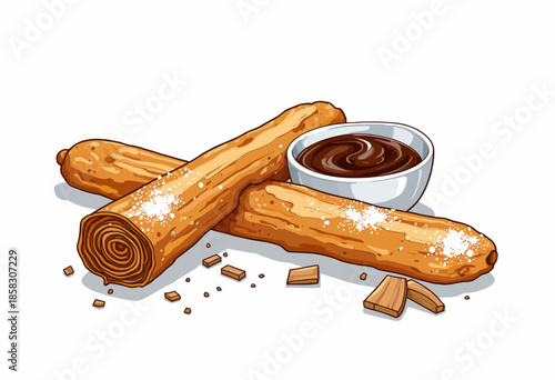 Delicious golden churros sprinkled with sugar next to a bowl of rich chocolate sauce, beautifully illustrated on a clean white background, evoking sweet indulgence