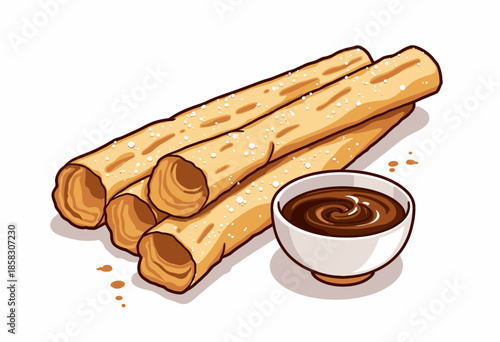 Illustration of Traditional Crunchy Fried Churros with Sugar Accompanied by a Sweet Chocolate Dipping Sauce in a White Bowl on a Plain Background
