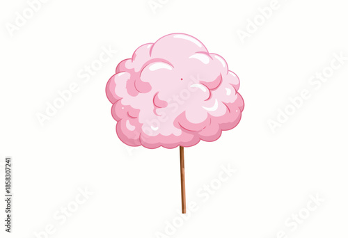 Delightful Pink Cotton Candy Illustration on a Wooden Stick Set Against a Clean White Background
