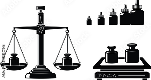 Black and white vector illustration of vintage balance scales, precision calibration weights, and a modern digital electronic laboratory weighing scale.