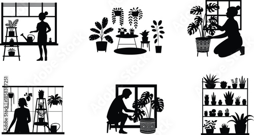 Indoor gardening people silhouette illustration set houseplant care home decor urban jungle lifestyle black isolated design collectionIndoor gardening 