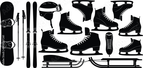 Black and white vector set of winter sports equipment silhouettes including ice skates, skis, snowboard, sled, helmet, and protective goggles.
