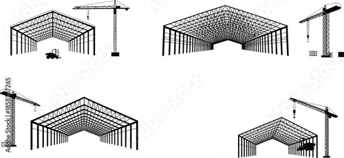 Industrial warehouse construction silhouette set, steel frame buildings and tower cranes, factory structure development icons isolated on white