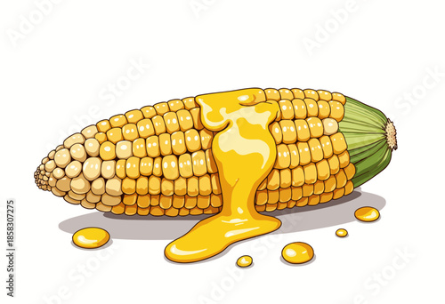 Illustration of a Corn Cob with Melting Butter Dripping Down on a White Background Emphasizing Freshness and Deliciousness in Simple Graphic Style