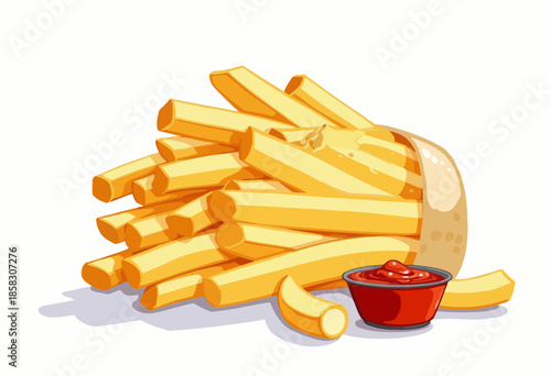 Illustration of a Crispy Golden Pile of French Fries with a Side of Ketchup in a Small Red Cup on a Clean White Background