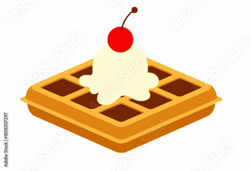 Golden Crisp Waffle Topped with Creamy Ice Cream and Cherry Garnish in Simple Illustration