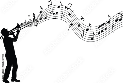 Black Silhouette of a Trombone Player with a Flowing Musical Staff and Notes Representing Jazz Performance Music Education and Artistic Entertainment Concepts