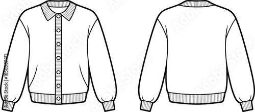 Men button sweater technical illustration, front and back view fashion design template, knitted long sleeve cardigan outline isolated