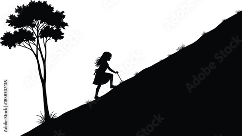 Black Silhouette of a Young Girl Climbing a Steep Hill with a Walking Stick Near a Tree for Determination and Outdoors Concept