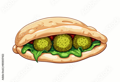 Illustration of a Filled Pita Bread with Three Falafel Balls, Fresh Lettuce, and a Hint of Red Sauce, Showcasing a Tasty Plant-Based Meal Option