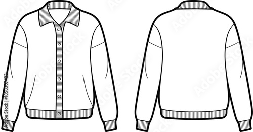 Men cardigan sweater technical illustration, front and back view fashion design template, button knitwear outline isolated white