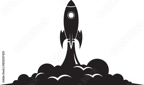 Rocket launching into space with smoke and flames