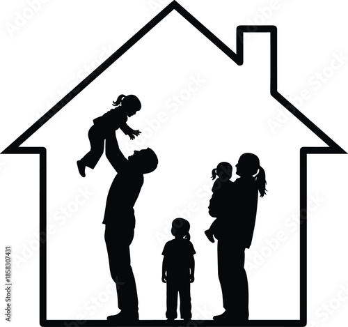 Black Silhouette of a Happy Family with Three Children Inside a House Outline Representing Real Estate Home Ownership Security and Domestic Life